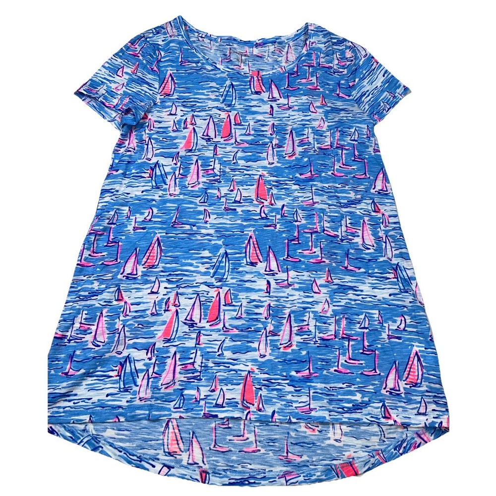 Lilly Pulitzer Women's Cotton T-Shirt XS Ocean Sailing Boats Nautical Blue Pink